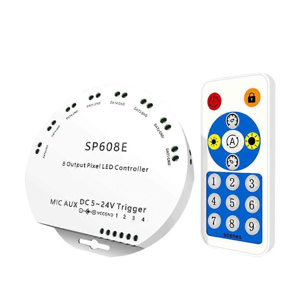 SP608E: controler muzical wireless 8 canale, microfon încorporat, compatibil iOS/Android, alimentare DC5V-24V, ideal pentru benzi LED digitale.