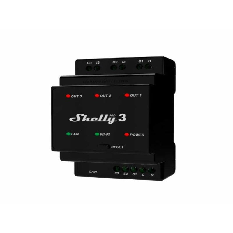 Releu inteligent Shelly Pro 3 - 3canale, WiFi, LAN, sina DIN, control aplicatie, compatibil Amazon Alexa, Google Assistant si Home Assistant