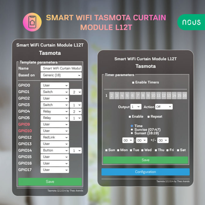 Intrerupator inteligent pentru perdele si draperii, Nous, Tasmota, Smart Curtain 1/2 canale, L12T