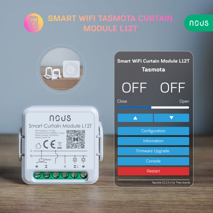 Intrerupator inteligent pentru perdele si draperii, Nous, Tasmota, Smart Curtain 1/2 canale, L12T
