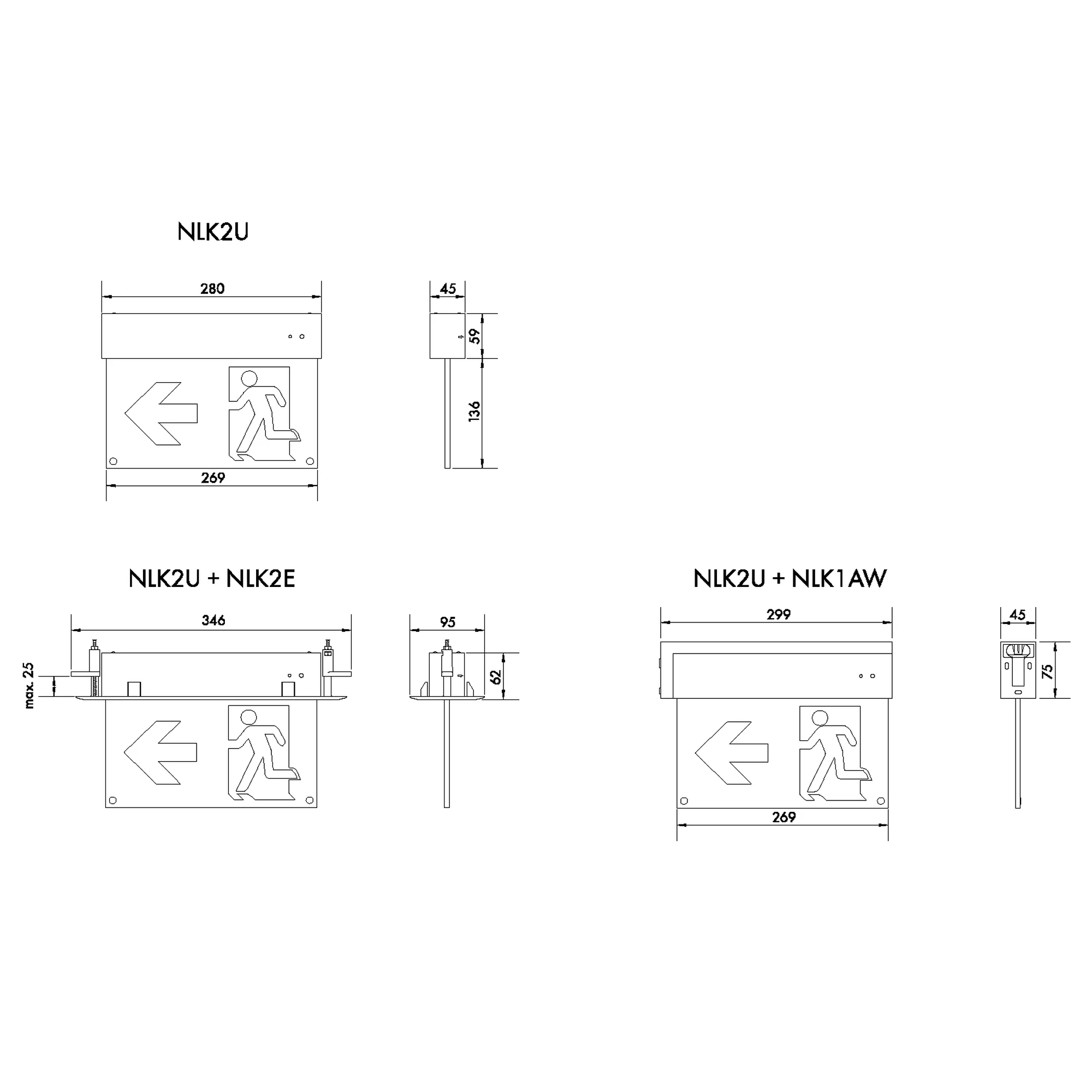 Corp iluminat siguranță (tip EXIT) K2, LED4, 2W 230V AC/DC, montaj universal, IP44, Schrack