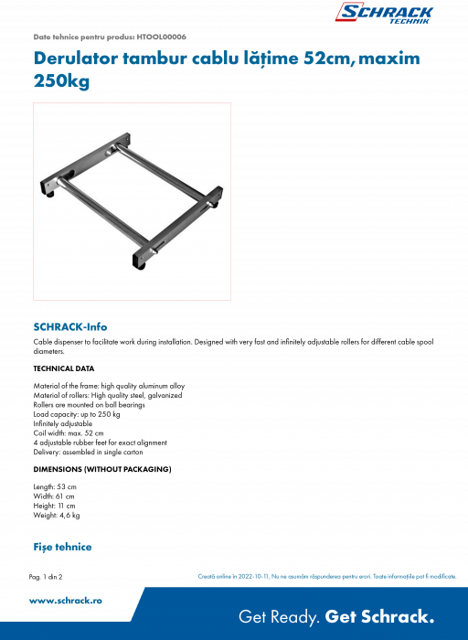 Derulator tambur cablu latime 52cm,maxim 250kg