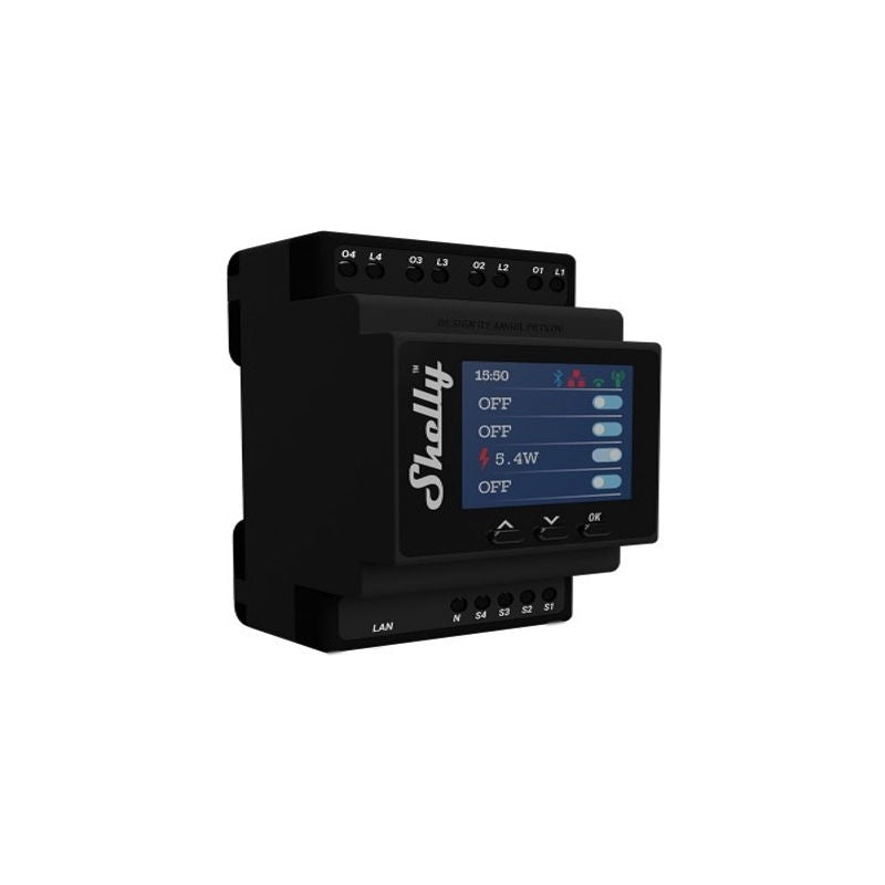 Shelly Pro 4PM comutator inteligent cu 4 canale, WiFi, LAN, sina DIN, contor de putere, control aplicatie, compatibil Amazon Alexa, Google Assistant si Home Assistant