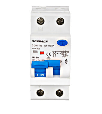 Intrerupator diferential RCBO, 1P+N, C20, 30mA, tip A, 20A, Amparo, Schrack