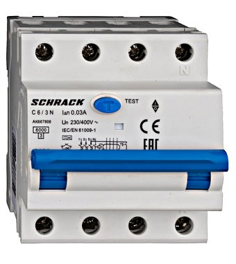 Intrerupator diferential RCBO, 3P+N, 30mA, 6kA, curba C, tip A, 6A, Amparo, Schrack