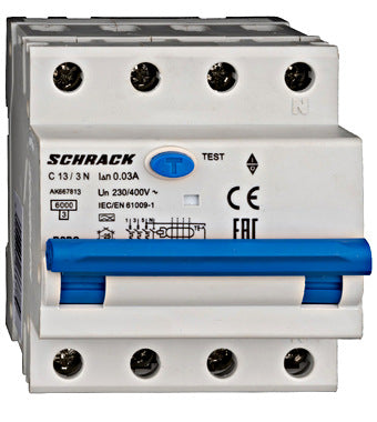 Intrerupator diferential RCBO, 3P+N, 30mA, 6kA, curba C, tip A, 13A, Amparo, Schrack