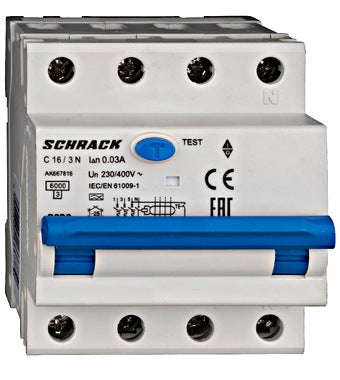 Intrerupator diferential RCBO, 3P+N, 30mA, 6kA, curba C, tip A, 16A, Amparo, Schrack