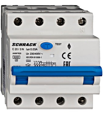 Intrerupator diferential RCBO, 3P+N, 30mA, 6kA, curba B, tip A, 20A, Amparo, Schrack