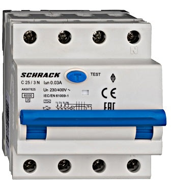 Intrerupator diferential RCBO, 3P+N, 30mA, 6kA, curba C, tip A, 25A, Amparo, Schrack