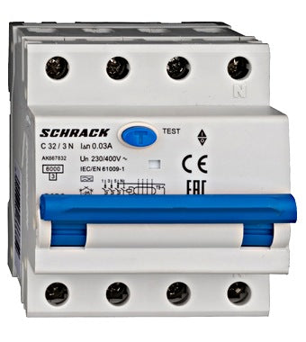 Intrerupator diferential RCBO, 3P+N, 30mA, 6kA, curba C, tip A, 32A, Amparo, Schrack