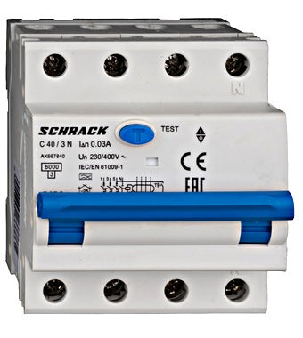 Intrerupator diferential RCBO, 3P+N, 30mA, 6kA, curba C, tip A, 40A, Amparo, Schrack