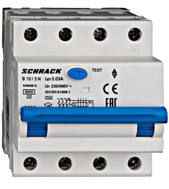 Intrerupator diferential RCBO, 3P+N, 30mA, 6kA, curba B, tip A, 10A, Amparo, Schrack