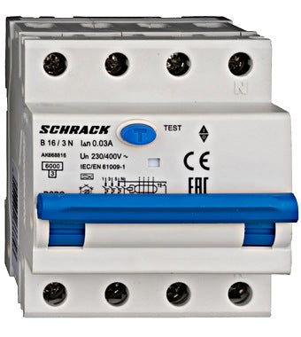 Intrerupator diferential RCBO, 3P+N, 30mA, 6kA, curba B, tip A, 16A, Amparo, Schrack
