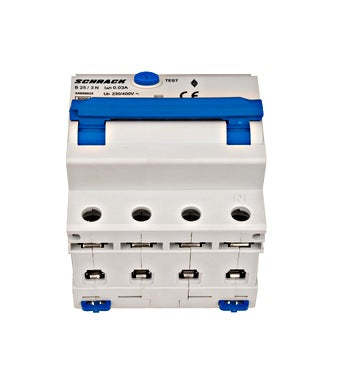 Intrerupator diferential RCBO, 3P+N, 30mA, 6kA, curba B, tip A, 25A, Amparo, Schrack