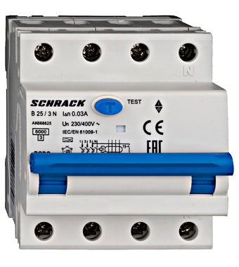 Intrerupator diferential RCBO, 3P+N, 30mA, 6kA, curba B, tip A, 25A, Amparo, Schrack