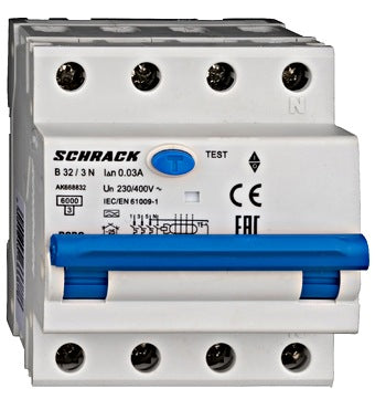 Intrerupator diferential RCBO, 3P+N, 30mA, 6kA, curba B, tip A, 32A, Amparo, Schrack
