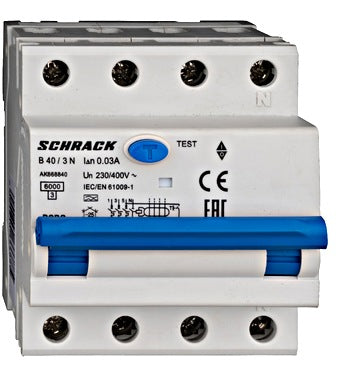 Intrerupator diferential RCBO, 3P+N, 30mA, 6kA, curba B, tip A, 40A, Amparo, Schrack