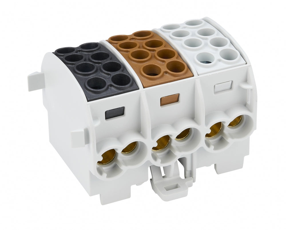 Clema derivatie 35mm², Cu, 3P, izolate, 4 puncte conectare, Maro, Negru, Gri, Schrack