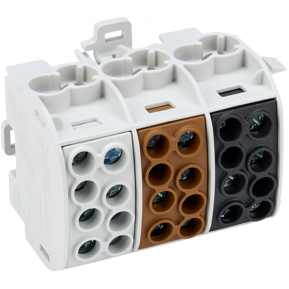 Clema derivatie 35mm², Cu, 3P, izolate, 4 puncte conectare, Maro, Negru, Gri, Schrack