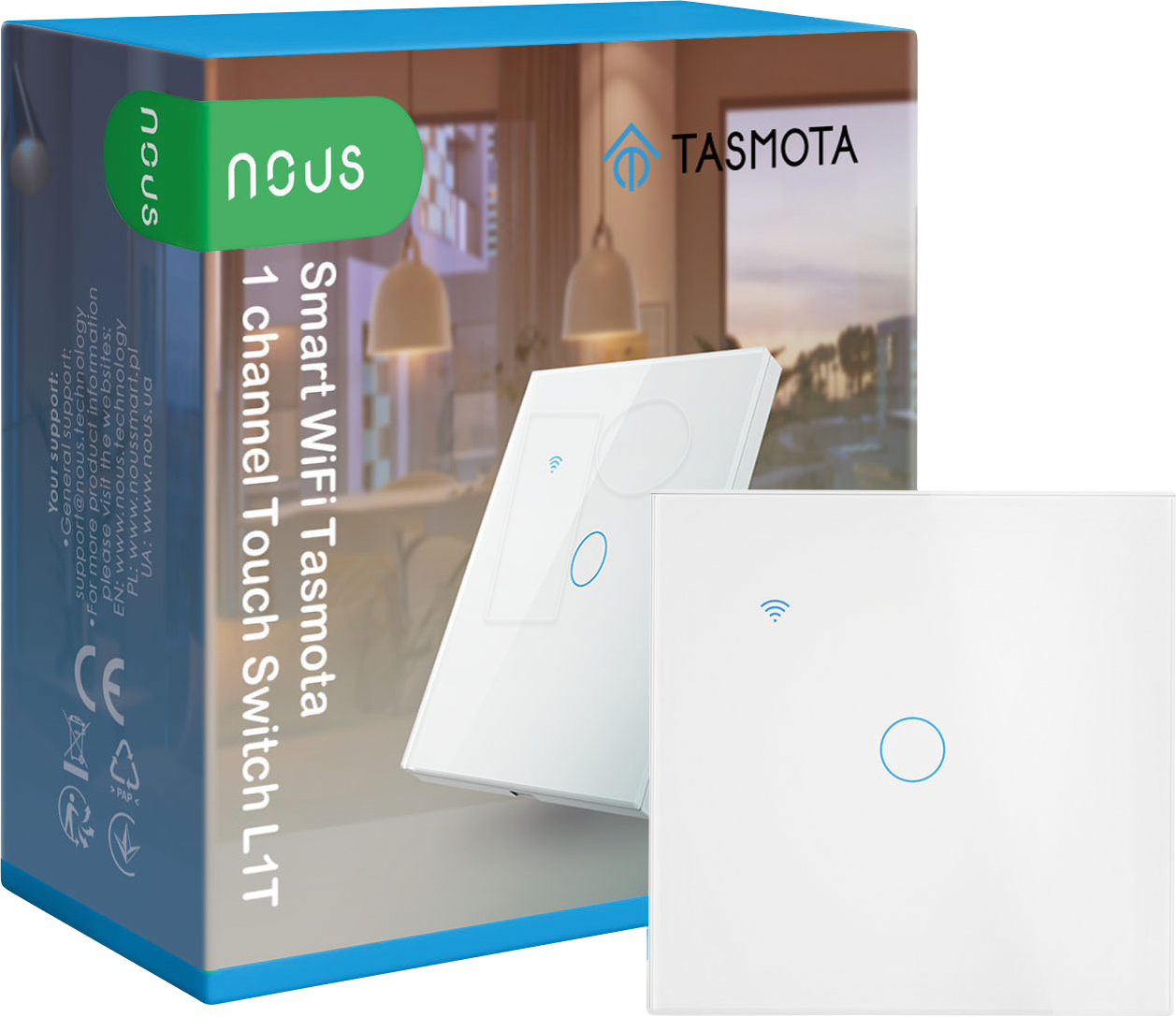 Intrerupator inteligent Nous L1T, cu Tasmota preinstalat, 1 canal, Touchscreen, Alb