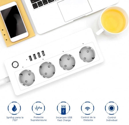 Prelungitor Smart A26, Wifi, 16A, 4 Prize Individuale, 4 USB Tuya, Alexa, Google Assistant