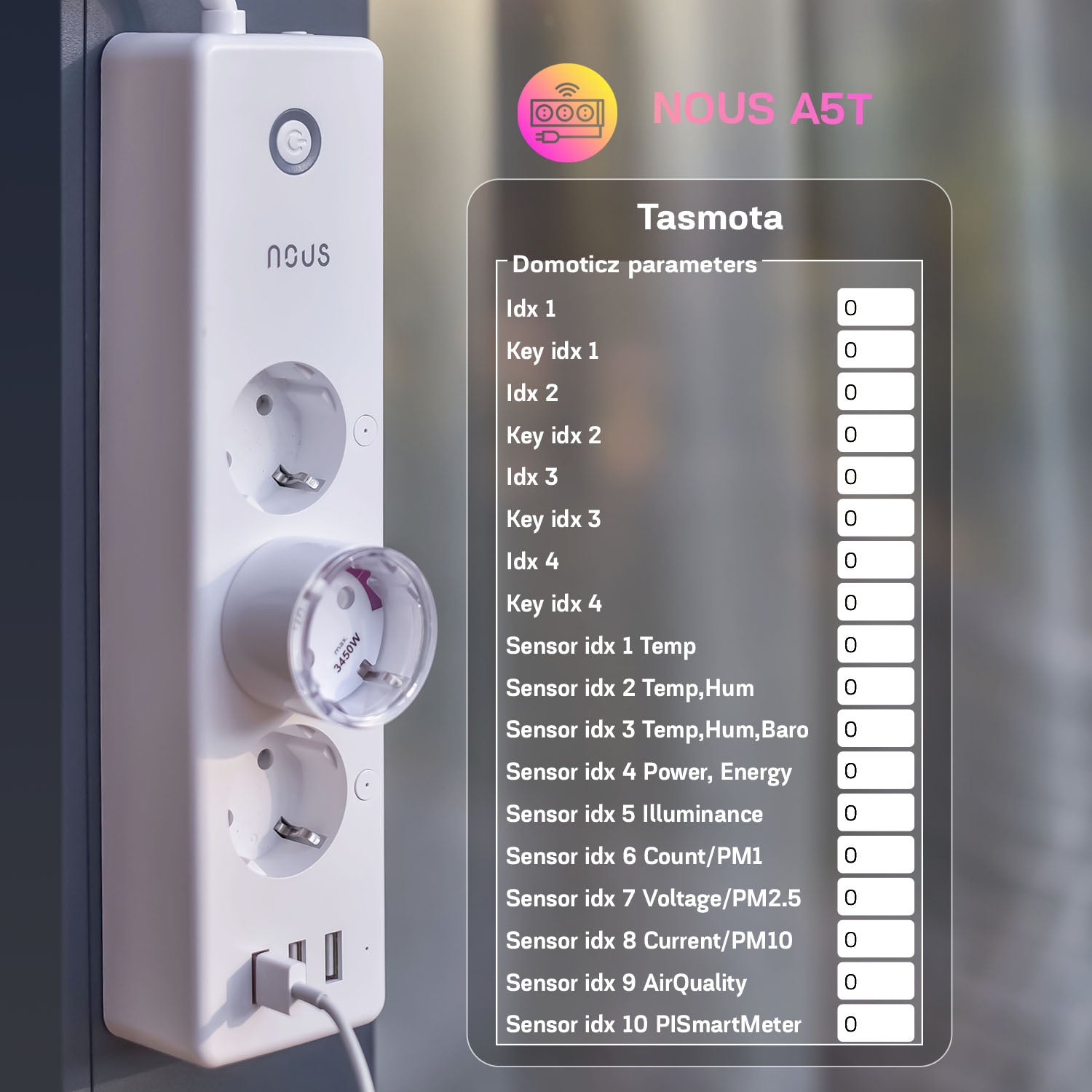 Prelungitor Smart Nous A5T, cu integrare prin Tasmota, 3 prize, 3 porturi USB