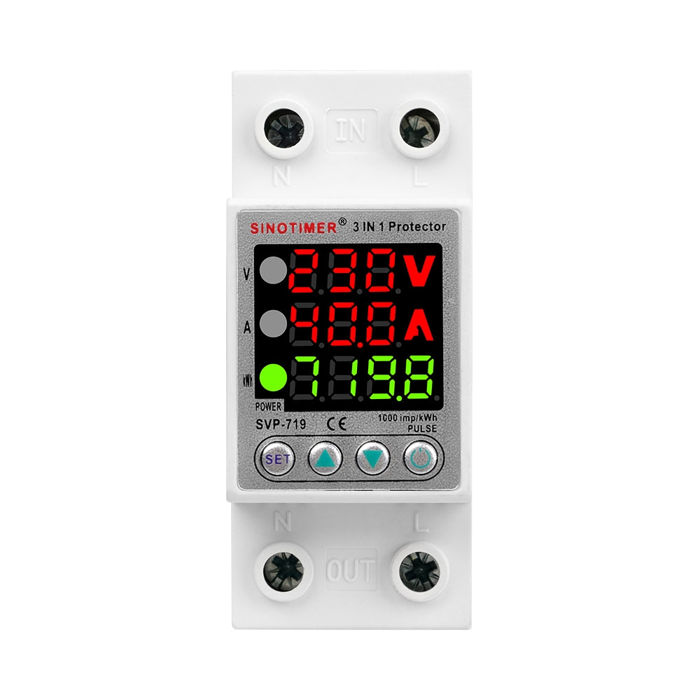 Releu digital monofazic de protectie tensiune, Sinotimer, si curent 1- 40A, consum KW, ecran digital LED, SVP-719-40A
