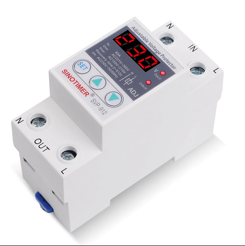 Releu monofazic protectie tensiune, Sinotimer, 63A, ecran digital LED, recuperare automata, SVP-912-63A