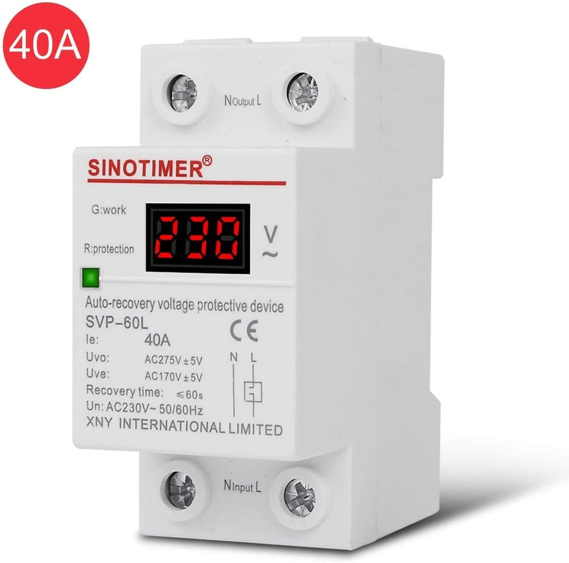 Releu siguranta digitala de protectie tensiune, Sinotimer, 40A, 230V, SVP-60L, recuperare automata