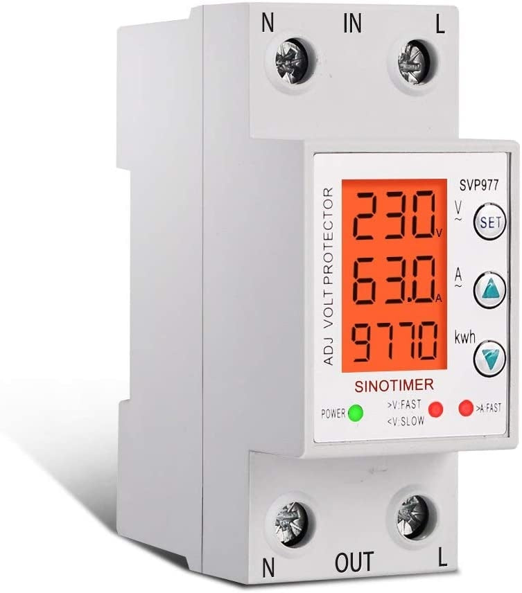 Releu siguranta digitala de protectie tensiune, Sinotimer, programabil intre 1-63A, 220V, recuperare automata, SVP-977