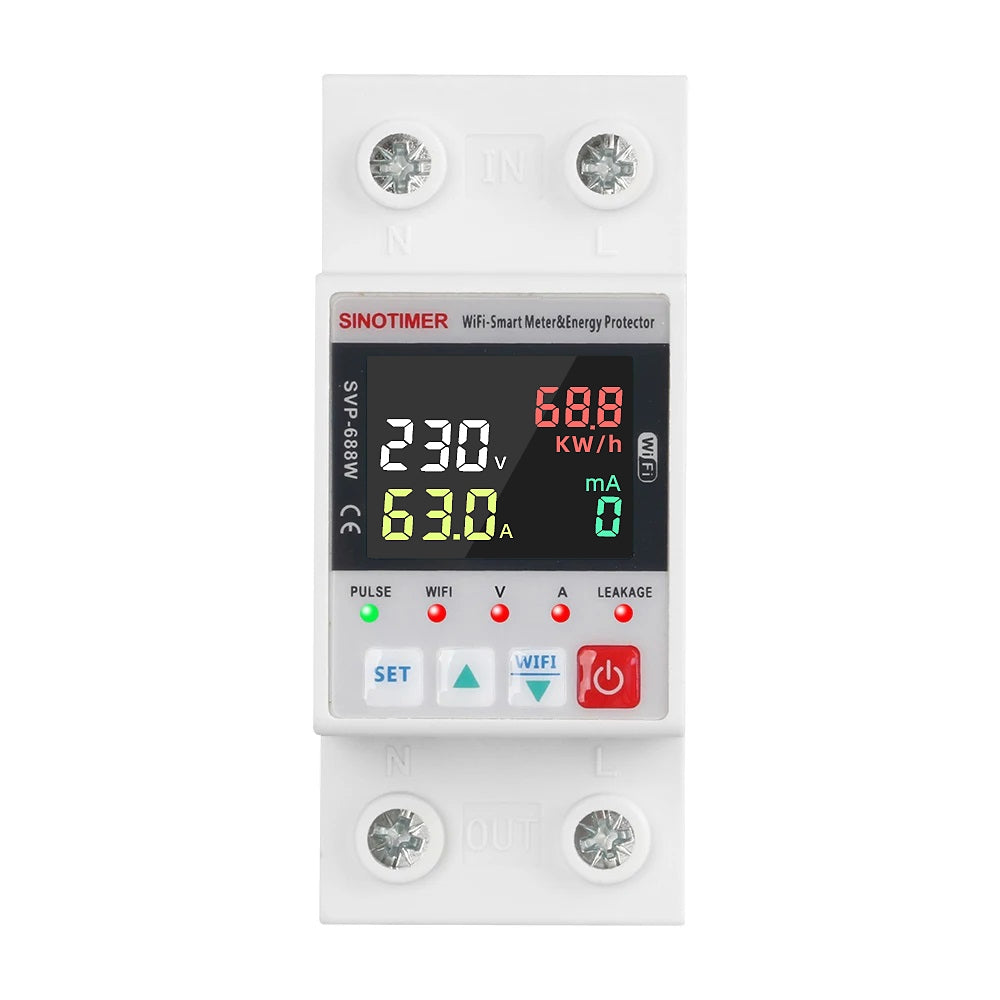 Releu SINOTIMER, Wifi Tuya protectie supratensiune, subtensiune, reglabil intre 1-63A, contor energie, SVP688W-C