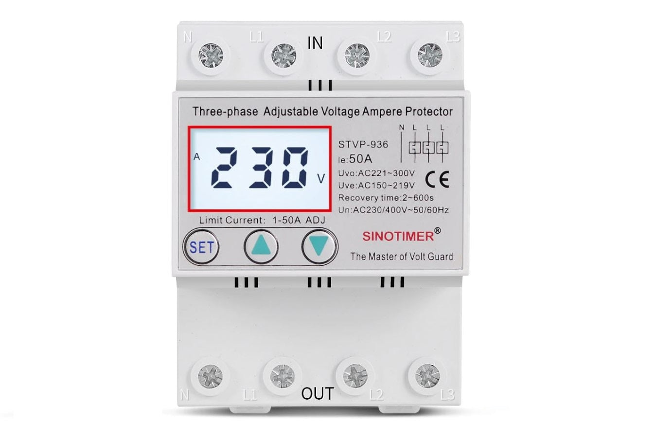 Releu TRIFAZIC siguranta digitala de protectie tensiune, Sinotimer, 380V, 1- 50A, STVP-936-50A, recuperare automata