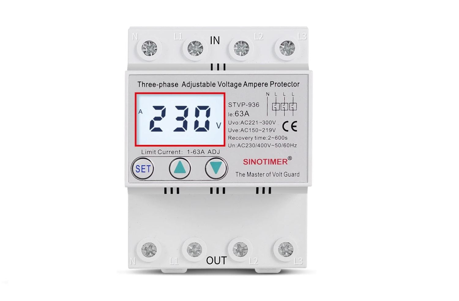 Releu TRIFAZIC siguranta digitala de protectie tensiune, Sinotimer, 380V, 1-63A, STVP-936-63A, recuperare automata