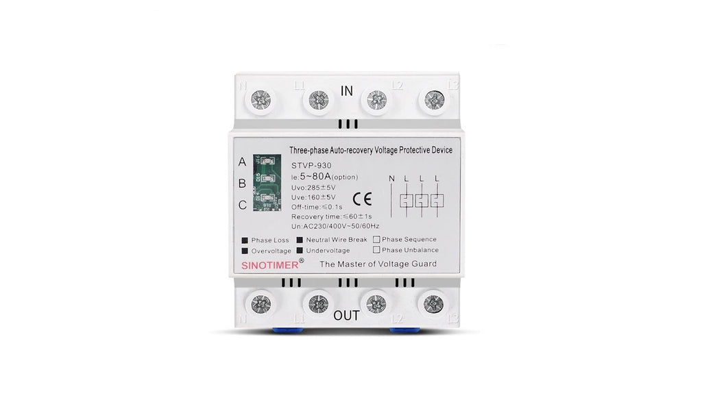 Releu trifazic Sinotimer, protectie supratensiune si subtensiune, 80A, recuperare automata, STVP-930-80A