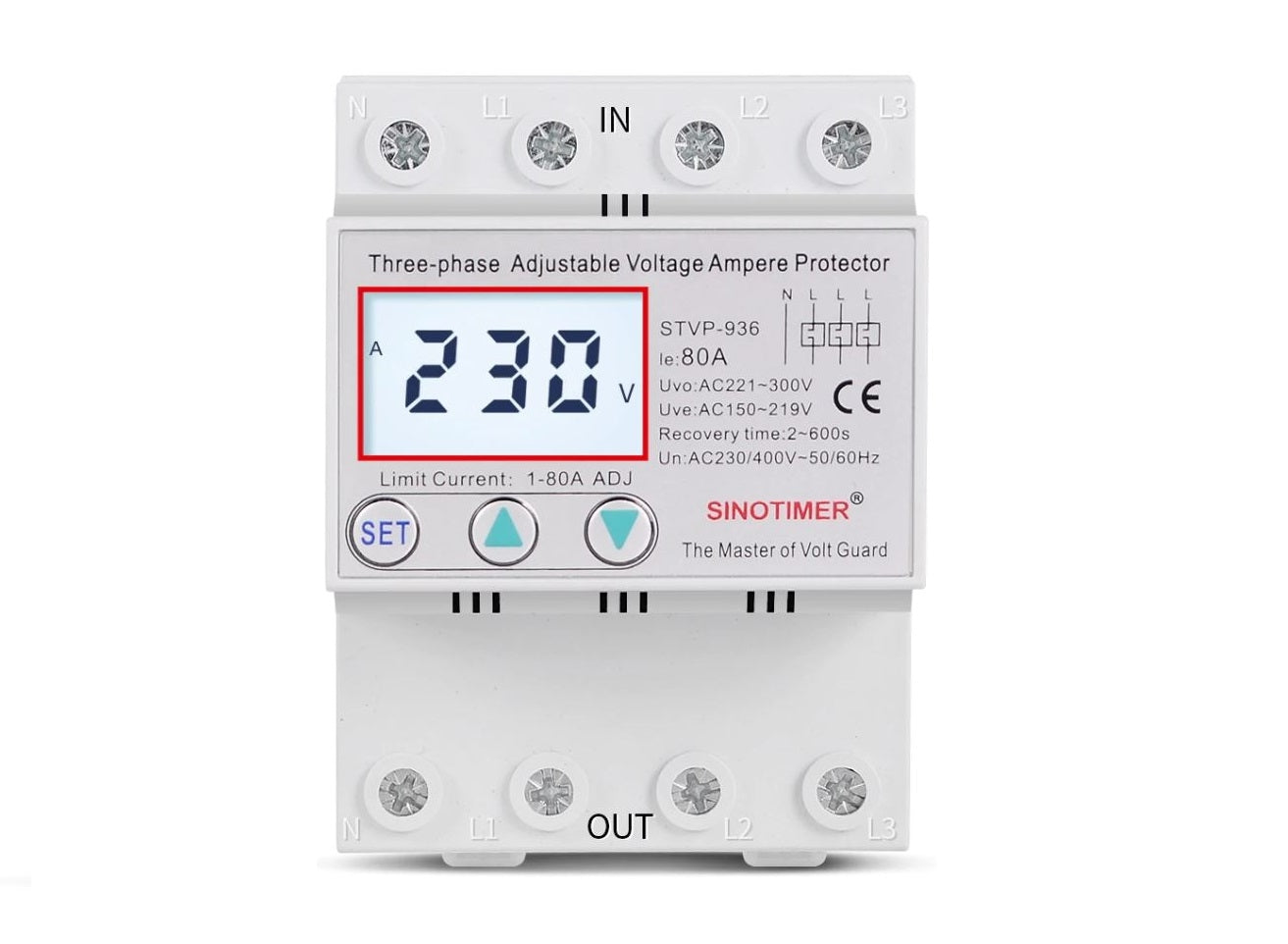 Releu trifazic SINOTIMER, siguranta digitala de protectie tensiune, 380V, 1- 80A, recuperare automata, STVP-936-80A