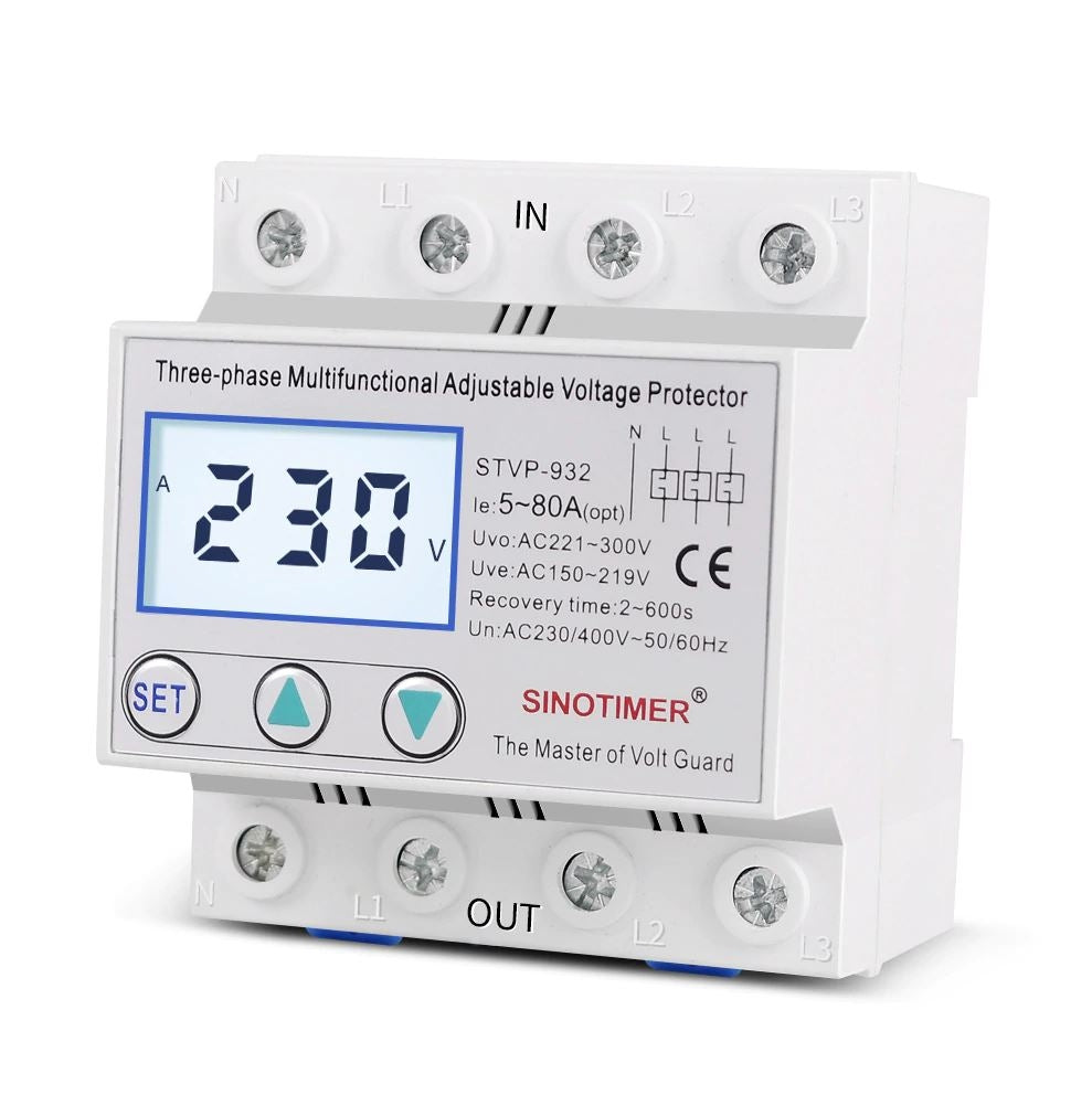 Releu trifazic SINOTIMER, siguranta digitala de protectie tensiune, 380V, 80A, recuperare automata, STVP-932-80A