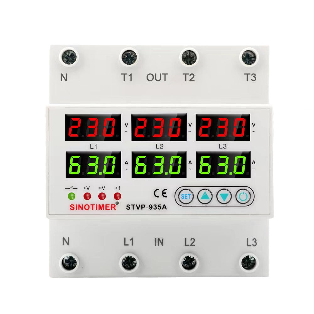 Releu TRIFAZIC, SINOTIMER, siguranta digitala de protectie tensiune afisata 220V, 1-63A, STVP-935-63A, recuperare automata