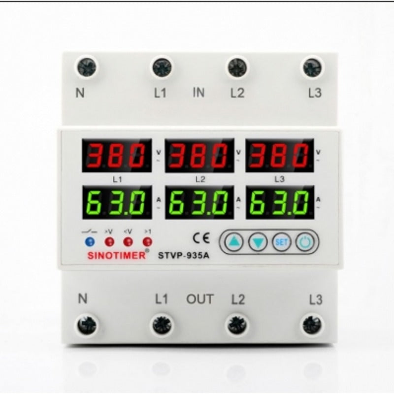 Releu TRIFAZIC, Sinotimer, siguranta digitala de protectie tensiune afisata 380V, programabil intre 1-63A, STVP935-63A-380