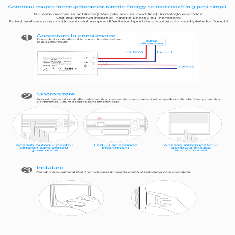 KIT Cap-Scară - 2 Întrerupătoare simple Kinetic Energy + Controller 1 canal, 5A, Wi-Fi
