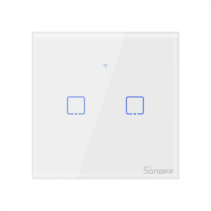 Intrerupator inteligent dublu cu touch Sonoff T1EU2C TX, Wi-Fi, compatibil Amazon Alexa si Google Assistant, sticla, Alb