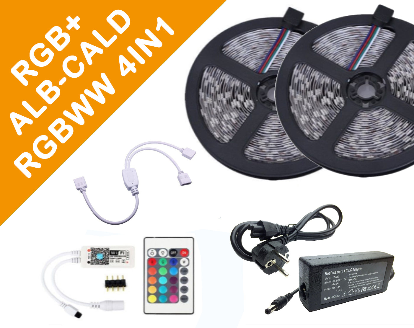 Kit Banda Led RGBWW 4in1(RGB +ALB CALD)5050, 10metri ip65, Controller WIFI, +telecomanda 24 taste, Transformator 5A - hsmartro