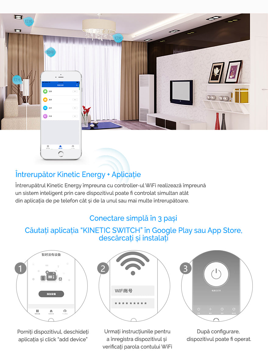 Kit Cap-Scara - 2 Intrerupatoare simple  KINETIC ENERGY + Controller 1 Canal, 5A, RF433