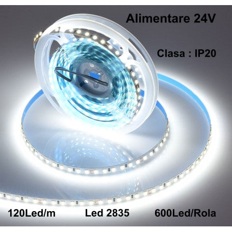BANDA LED 24V INTERIOR, 2835 - 120LED/M, ALB-RECE - 5M/ROL