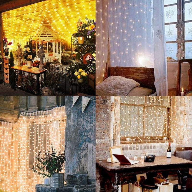 INSTALATIE LUMINOASA PERDEA, TELECOMANDA INCLUSA, 300 DE LED-URI, INTERCONECTABILA, 3M × 3M, 8 MODURI, LUMINA CALDA