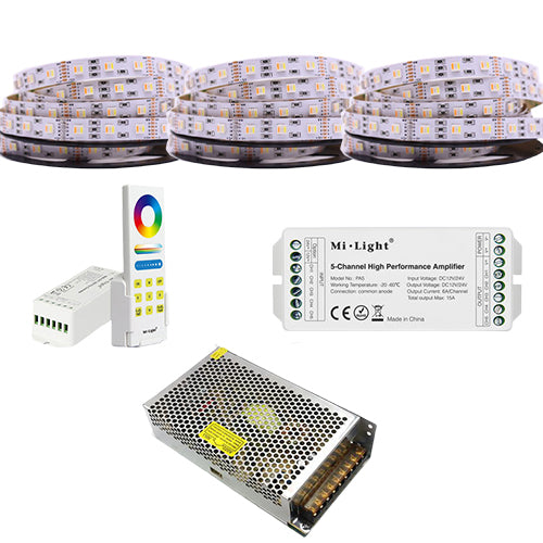 KIT Banda LED RGBCCT 5in1 5050 60led/m , controler cu telecomanda FUT045A, Amplificator PA5, Sursa de alimentare 15A 15 metri - hsmartro