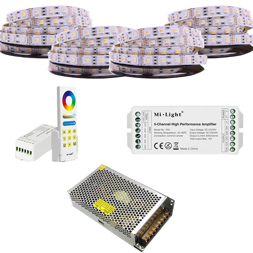 KIT Banda LED RGBCCT 5in1 5050 60led/m , controler cu telecomanda FUT045A, Amplificator PA5,  Sursa de alimentare 15A 20 metri - hsmartro