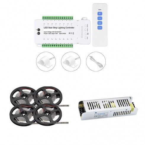 Kit Iluminat Scari Inteligent 16 Trepte, Senzori Miscare, Banda LED, Sursa Alimentare