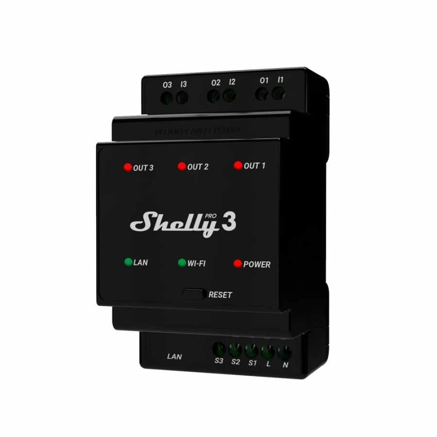 Releu inteligent Shelly Pro 3 - 3canale, WiFi, LAN, sina DIN, control aplicatie, compatibil Amazon Alexa, Google Assistant si Home Assistant