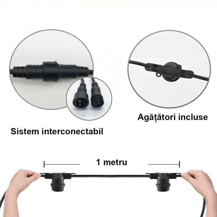 Ghirlanda Luminoasa Pentru Gradina Terasa 10m, 10 Fasung E27 Cu  Becuri Negru