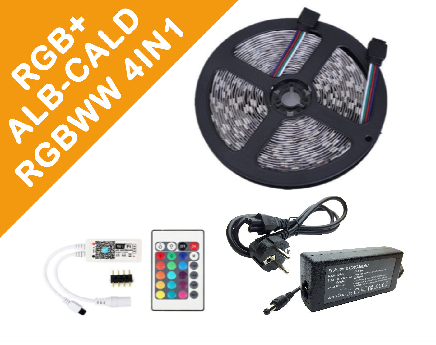 Kit Banda Led RGBWW IP65 4in1(RGB +ALB CALD) 5050, Controller WIFI+telecomanda 24 taste, Transformator 5A, 5 metri - hsmartro